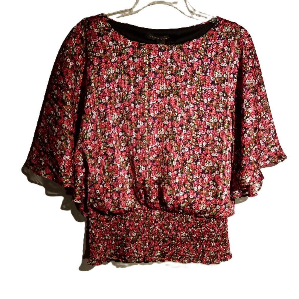 CYNTHIA STEEFE Blouse/Top  sz Large  Red/Pink/Black Floral  Metallic Crepe NWT